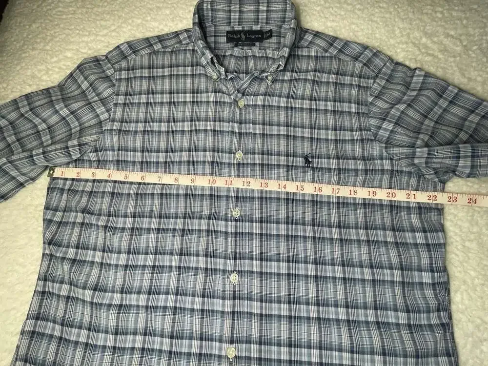 Ralph Lauren Polo Logo Classic Fit Mens M Short Sleeve Blue Plaid Button Down